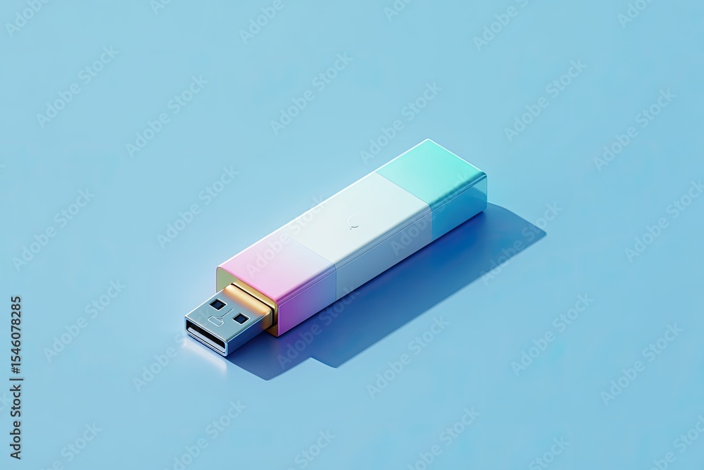 Poster pastel-colored usb flash drive rests on a light blue surface, casting a subtle shadow. its design is