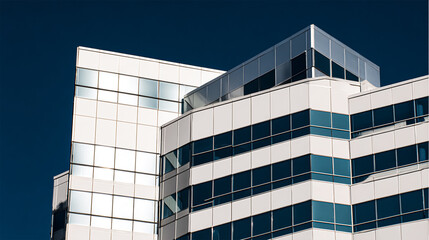Modern office building in the city with windows and steel and aluminum panels wall. Contemporary commercial architecture, vertical converging geometric lines