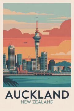 Vintage Travel Poster of Auckland Skyline, New Zealand