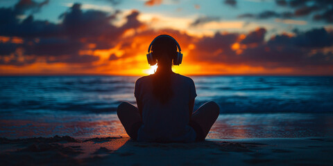 Silhouette of a woman meditating on a beach during a vibrant sunset, wearing headphones.