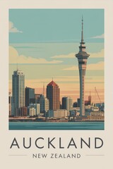 Obraz premium Vintage Travel Poster of Auckland Skyline, New Zealand