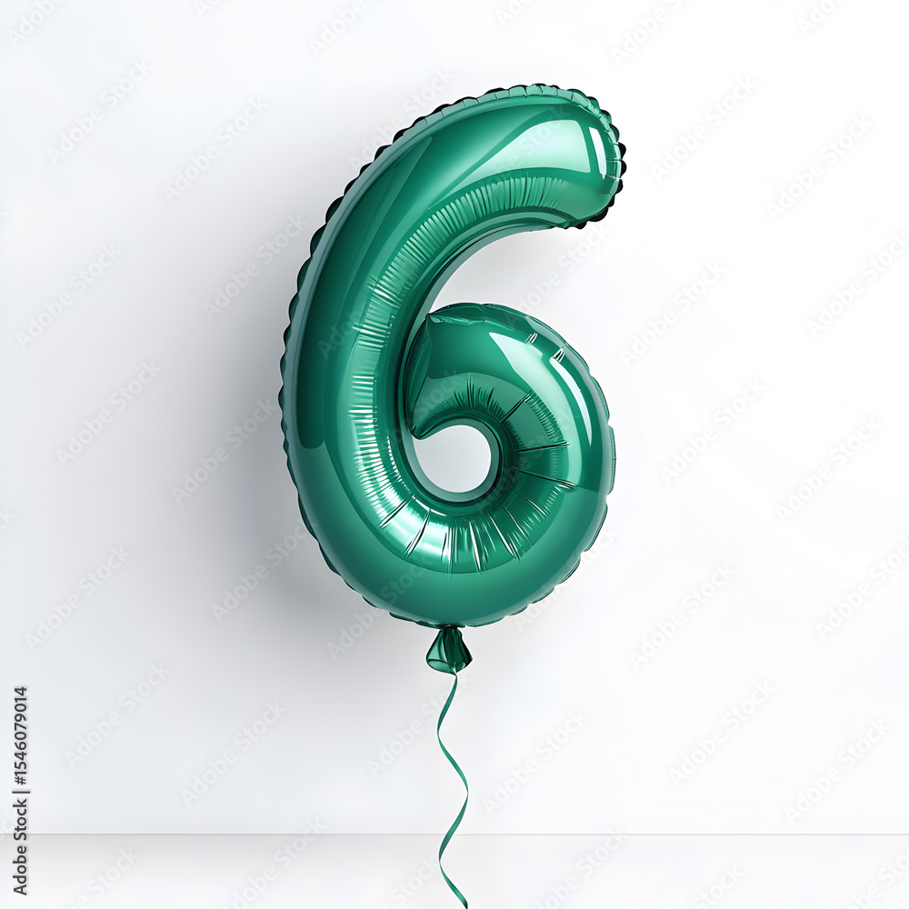Fototapete a balloon shaped like the number 6,emerald green metallic finish with realistic reflections and smoo