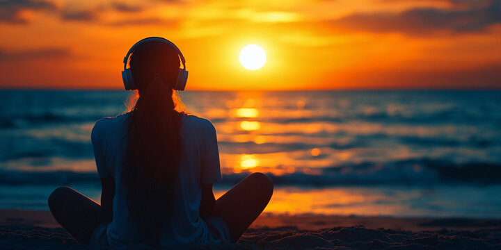 A woman sits on the beach, headphones on, enjoying the sunset.