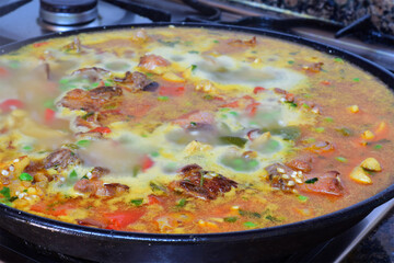 Preparation of mountain rice, cooking process, typical Spanish food.