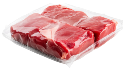 Packaged raw beef steaks vacuum sealed for freshness and preservation on transparent background