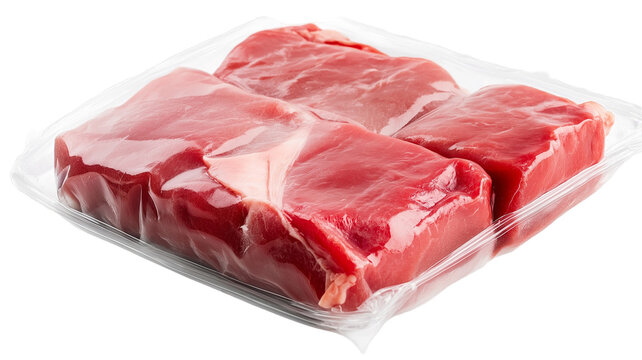 Packaged raw beef steaks vacuum sealed for freshness and preservation on transparent background