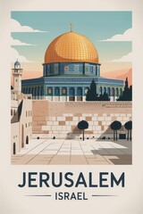 Naklejka premium Vintage Travel Poster of Jerusalem and Dome of the Rock, Israel