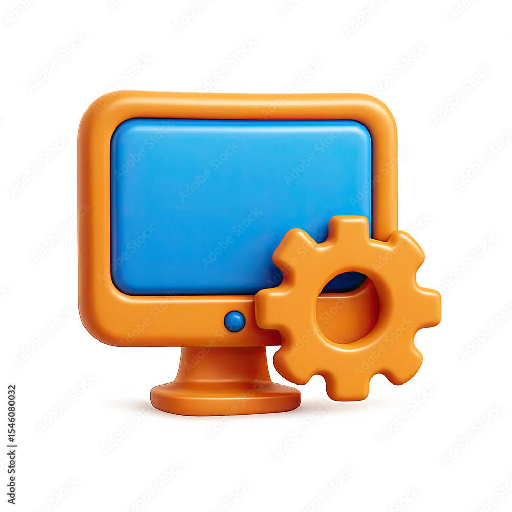 Poster orange 3d computer monitor icon with gear setting on dark background