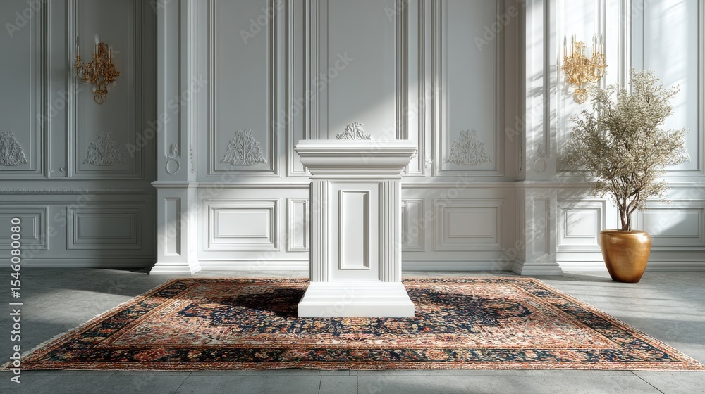 Poster clean empty podium with sharp lines on antique rug, minimal setting