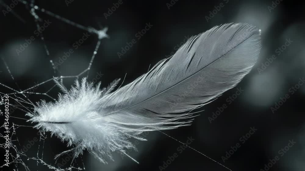 Poster a single white feather resting on the intricate patterns of a spider's web, perfect for adding a tou
