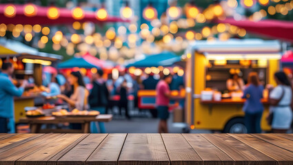 Fototapeta premium wood table top and Abstract blur food truck festival