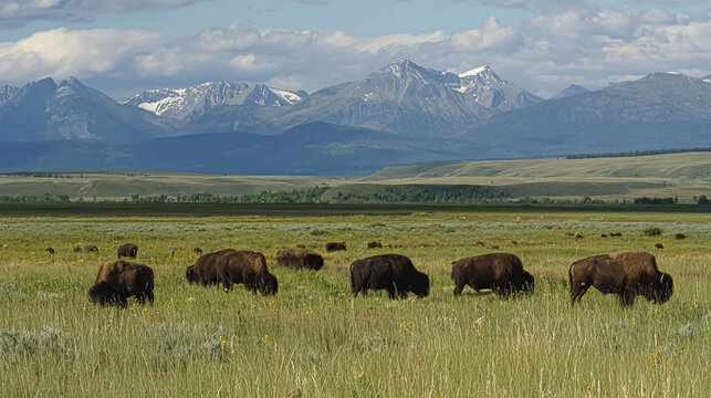 landscape of a herd of bezons on an alpine meadow against a cloudy sky