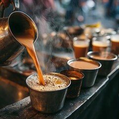 A close-up of hot masala chai being poured into small cups, served fresh at an Indian street food stall. .
