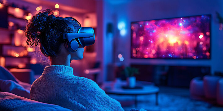 A woman wearing a VR headset enjoys an immersive cosmic experience displayed on a large TV screen in her living room