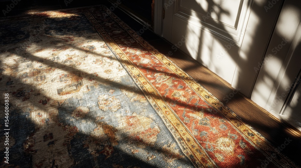 Poster clean space with window light hitting detailed rug pattern