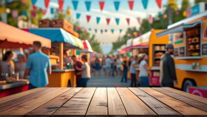 wood table top and Abstract blur food truck festival