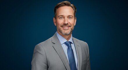 Professional headshot of a man in a suit and tie, corporate portrait, blue background, stock photo