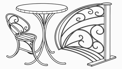 Illustration of an outdoor cafe set with a round table chair and decorative metal railing design