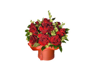 red roses in a decorative box. 