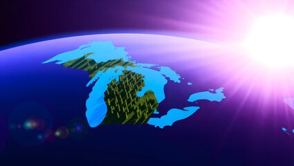 Naklejka premium The Great Lakes, including Lake Michigan, illuminated by a bright sunburst effect, creating a dramatic and artistic representation.