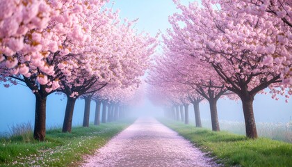Blossoming avenue bathed in ethereal springtime mist