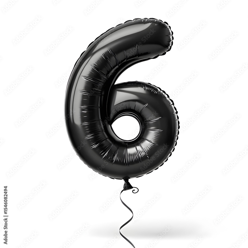 Fototapete a balloon shaped like the number 6,matte black metallic finish with realistic reflections and smooth