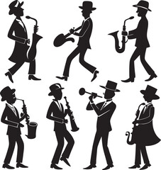 A collection of stylized illustrations depicting musicians playing various instruments, showcasing the joy and diversity of musical performance