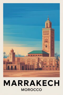 Vintage Travel Poster of Koutoubia Mosque in Marrakech, Morocco