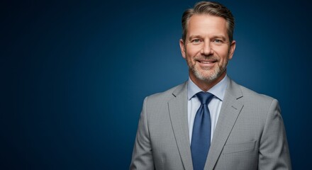 Professional headshot of smiling businessman in light suit with blue tie on blue studio
