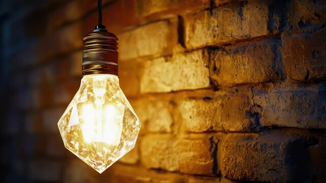 A single light bulb hangs from a brick wall, with dark shadows surrounding it