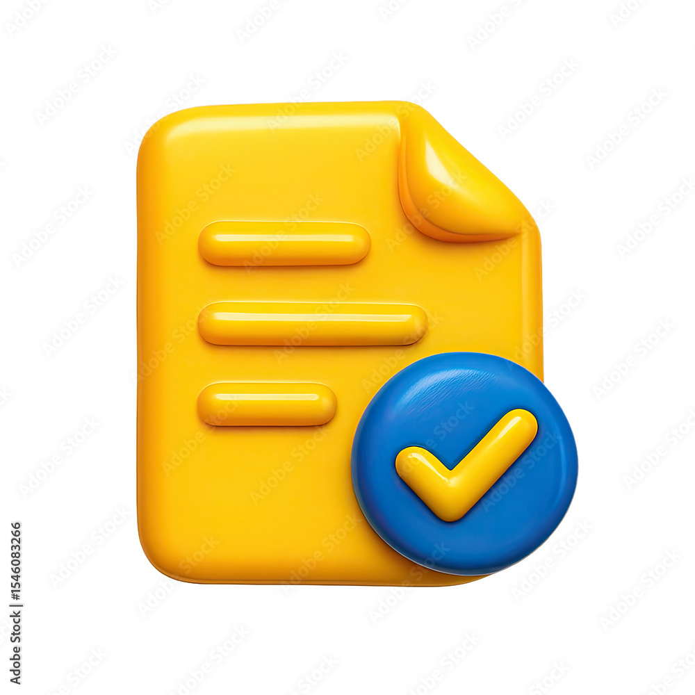 Poster yellow 3d document with blue check mark icon on transparent background