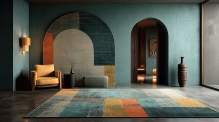 daylight painting patterns on rug in front of minimal modern wall 