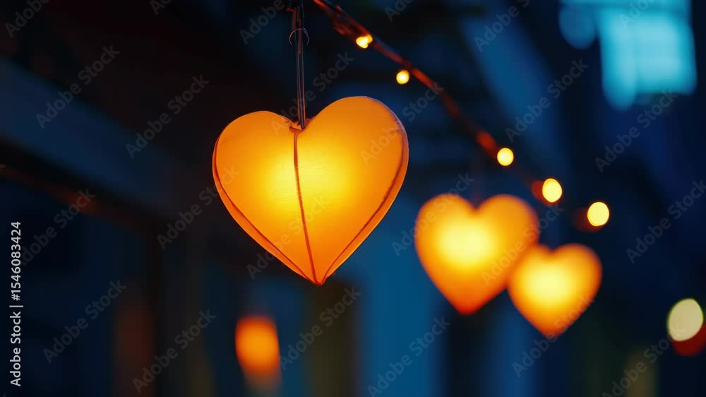 Poster string of heart-shaped lanterns in the night, illuminating and creating a warm and festive atmospher