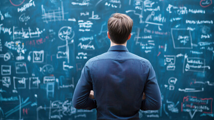 Person stands in front of chalkboard filled with complex drawings and notes, reflecting deep thought and analysis