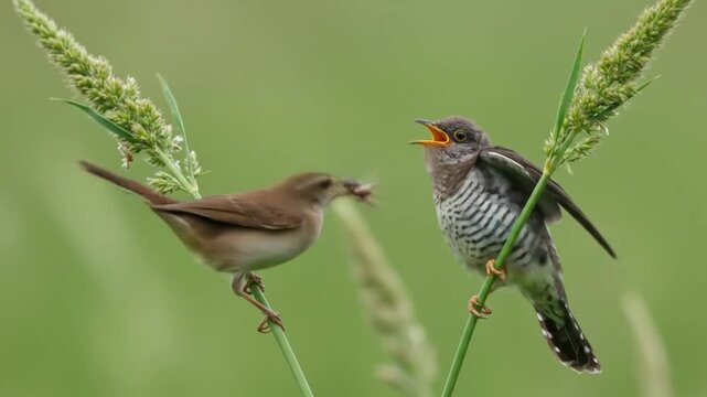 Reed Warbler parent feeding Cuckoo chick on grass stalk. AI video
