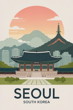 Vintage Travel Poster of Seoul Palace and Modern Skyline at Sunset, South Korea