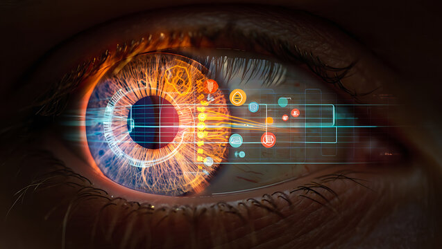 Animation of digital icons and scope scanning over eye blinking, Future woman with cyber technology eye panel concept , generative ai