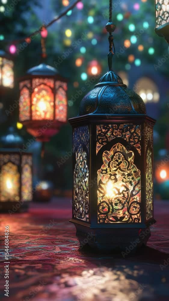 Poster lanterns on a string in festive colors.
