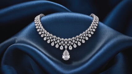 Fototapeta premium A necklace with a pendant is displayed on a blue cloth. The necklace is made of diamonds and is very shiny