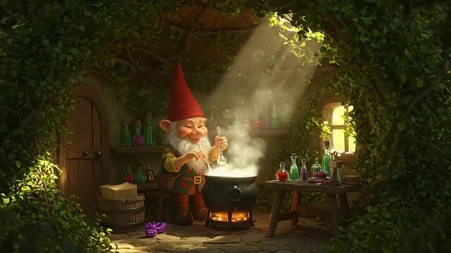 A cheerful gnome stirring a bubbling potion in a cozy, vine-covered cottage filled with colorful bottles