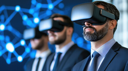 Immersive virtual reality technology is showcased by business team wearing VR headsets, engaged in futuristic environment