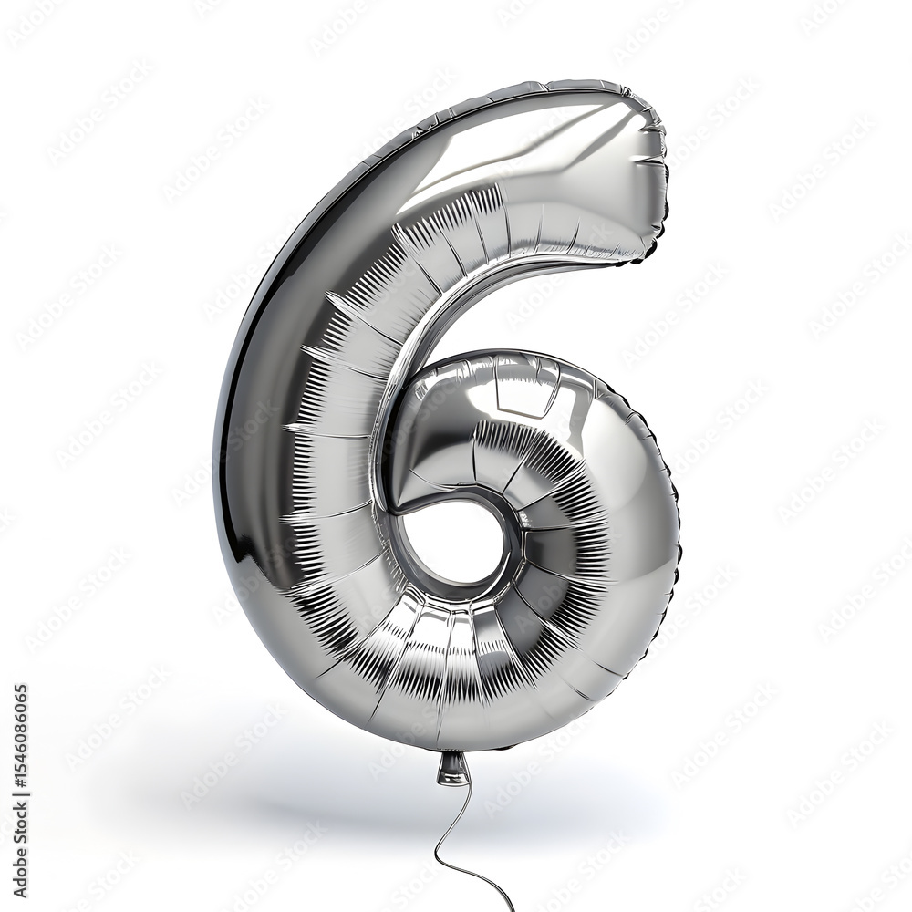 Fototapete a balloon shaped like the number 6 ,silver metallic finish with realistic reflections and smooth tex