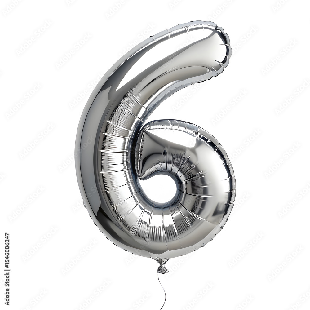 Fototapete a balloon shaped like the number 6 ,silver metallic finish with realistic reflections and smooth tex