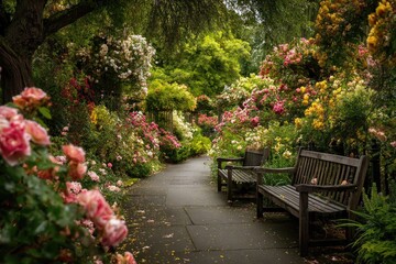 Obraz premium Serene rose garden path flanked by benches, overflowing with blossoms of various colors and shades, under a canopy of lush green foliage