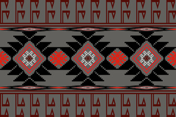Traditional Thai &ldquo;Pha Khao Ma&rdquo; or &ldquo;Pha Sin&rdquo; fabric pattern in pixel art style. The design features diamond motifs with stepped shapes in red, black, and gray colors. Inspired by northeastern Thai weav