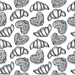 Seamless vector pattern. Pastries, buns, buns, croissants, cheesecakes, all objects are hand-drawn with ink. Suitable for printing on paper, product packaging, bakery design, confectionery.