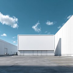 Obraz premium Blank white billboard on warehouse wall with parking lot. Empty sign for ad mock-up space, ideal for business marketing, advertising design, branding promotion. Copy space for ad .