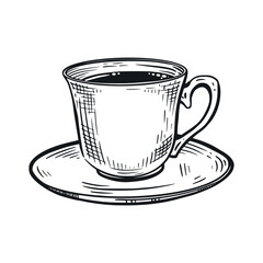 A cup of coffee with a saucer, a tea cup. All objects are hand-drawn with ink. Vector illustration is suitable for printing on fabric, paper, for caffeine and confectionery designs, kitchen design.
