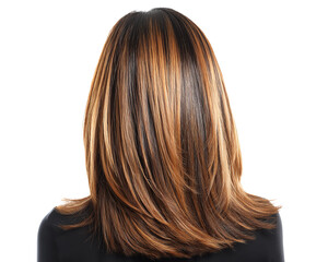 Naklejka premium Straight layered black hair with peach blonde highlights glossy finish, peach blonde highlights black hair isolated, peach blonde highlights fine straight hair on white. PNG die-cut