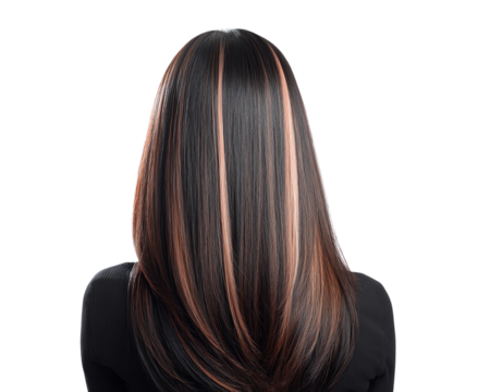 Peach blonde highlights on straight black hair with fine glossy layers, peach blonde highlights black hair no head clean white, peach blonde highlights sleek straight strands